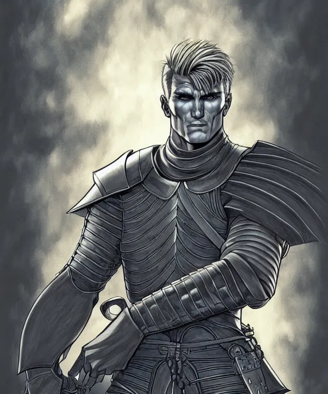 Image similar to a ( fantasy comic ) ( cover art ) portrait of a valiant knight who looks like ( young dolph lundgren ), digital illustration by jenny frison and sana takeda and kentaro miura, fine inking lines, dnd, highly detailed!, hd, 4 k, trending on artstation