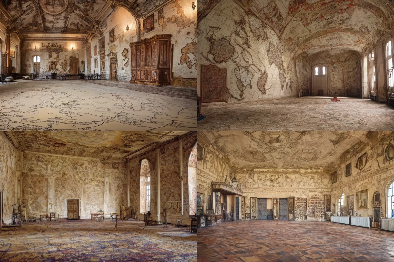 Prompt: a large hall inside a castle with a map of the world on the floor