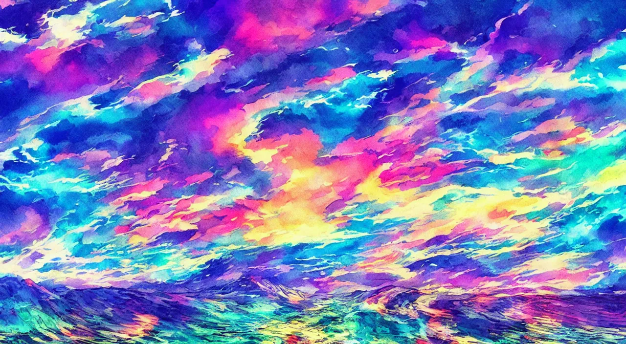 Image similar to A beautiful landscape with an ocean that blends with the sky wavelike clouds, rainbow flowing clouds flowing like smoke, vivid landscape, award-winning anime style, wallpaper, relaxing, bright, Watercolor expressionist, comic book style, manga style