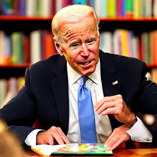 Image similar to joe biden struggling to read the hungry caterpillar children ’ s book