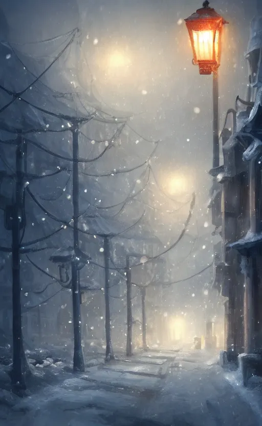 Image similar to a blurry ambient lantern in the distance of a snowy village at night, dynamic lighting, ambient lighting, atmospherical, photorealistic fantasy concept art, trending on art station, stunning visuals, creative, cinematic, ultra detailed