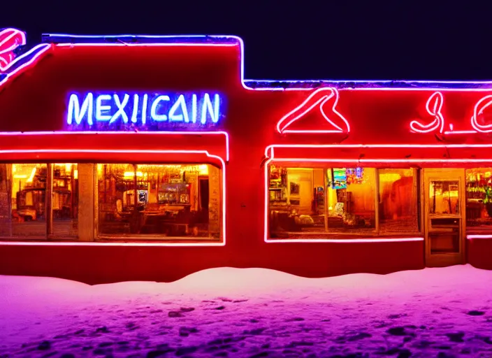 Image similar to photo of a mexican restaurant, neon lights, in a flat snowy field. 35mm. Very detailed 8k. Sharp. Cinematic post-processing. Unreal engine. Ray tracing. Parallax. Tessellation