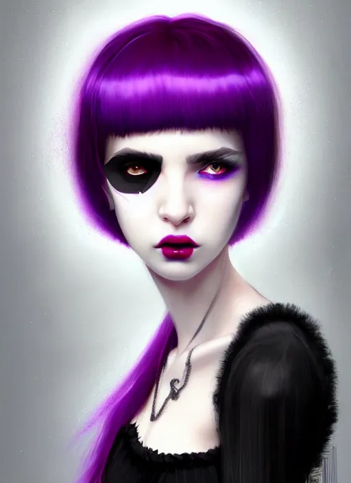 Image similar to portrait of white teenage girl, normal face, black bangs, mall goth, cyberlox, black and white hair, bangs, fluffy bangs, red contacts, purple lipstick, intricate, elegant, highly detailed, digital painting, artstation, concept art, sharp focus, smooth, illustration, art by wlop, mars ravelo and greg rutkowski