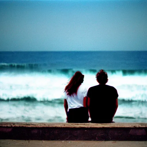 Image similar to 3 5 mm film photo of a man and a woman sitting with the sea behind them, hyperrealistic