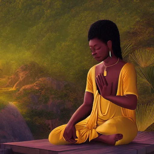 Prompt: contented peaceful haitian!! bodhisattva, praying meditating, in a scenic environment, detailed, golden hour, realism, artstation trending, digital art