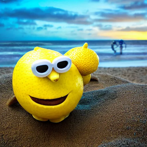 Image similar to 5 0 mm photograph, of a real anthropomorphic lemon character, with lemon skin texture, it is wearing a hat and scuba diving, building a sandcastle on the beach at sunset, beach, huge waves, sun, clouds, tropical trees, rim light, cinematic photography, professional, sand, sandcastle, volumetric lightening