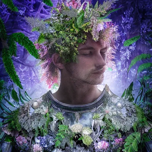 Image similar to a male knight, stern face, clear eyes, in a dark forest, shining armour made of steel and flowers, and fractal flowery hair in a fractal garden, glowing delicate flower, berries and ferns that grow in a dark fantasy forest, clear face, peaceful face, half figure shot,