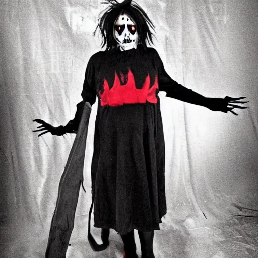 Image similar to Grandmother wearing a Jeff the Killer halloween outfit