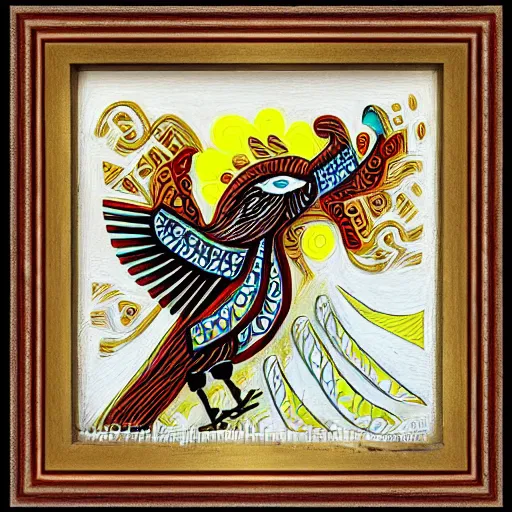 Image similar to a bird rising above the flames, mexican folk art, native american folk art, relief engraving, framed art, intricate abstract, mild expressionism, award winning