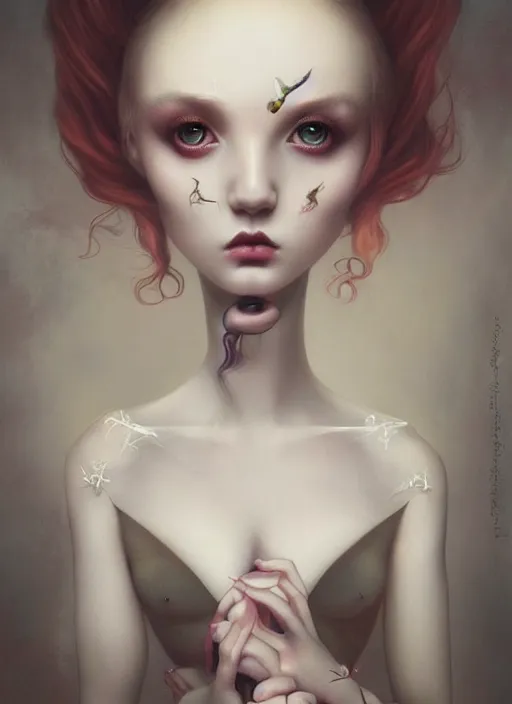 Image similar to pop surrealism, lowbrow art, realistic cute seductive female painting, romantic transparent gown, hyper realism, muted colours, rococo, natalie shau tom bagshaw, mark ryden, trevor brown style,