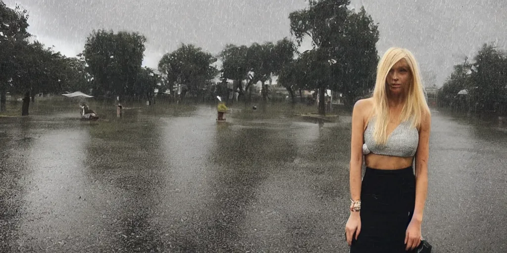 Image similar to a photo of a blonde woman wearing an elegant 2 piece in the rain, shot from far away, with harsh lighting. Photo, instagram, ultra detailed