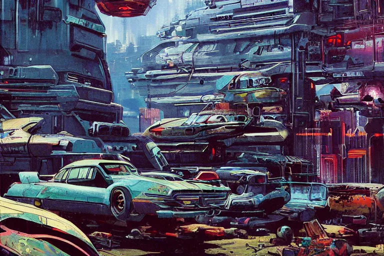 Prompt: junkyard. in cyberpunk style by Vincent Di Fate