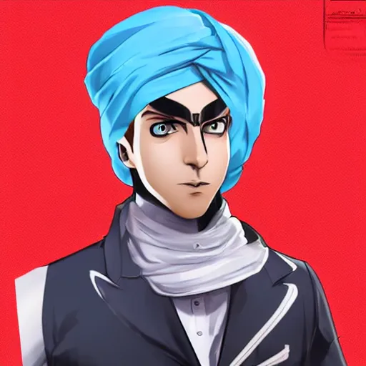 Image similar to A young man wearing a blue turban, beardless, shaven face, middle-eastern, in the style of Persona 5, Persona 5, Persona 5 artwork