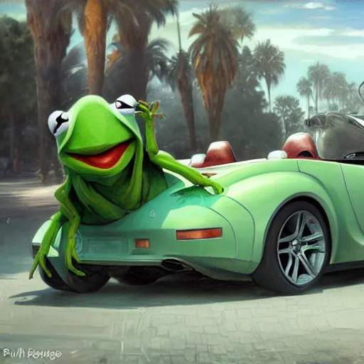 Image similar to kermit inside a car, wlop, mercedes, moroccan city, mosque, palm trees, redneck country, style in digital painting, concept art, smooth illustration, by ruan jia and mandy jurgens and william - adolphe bouguereau, artgerm