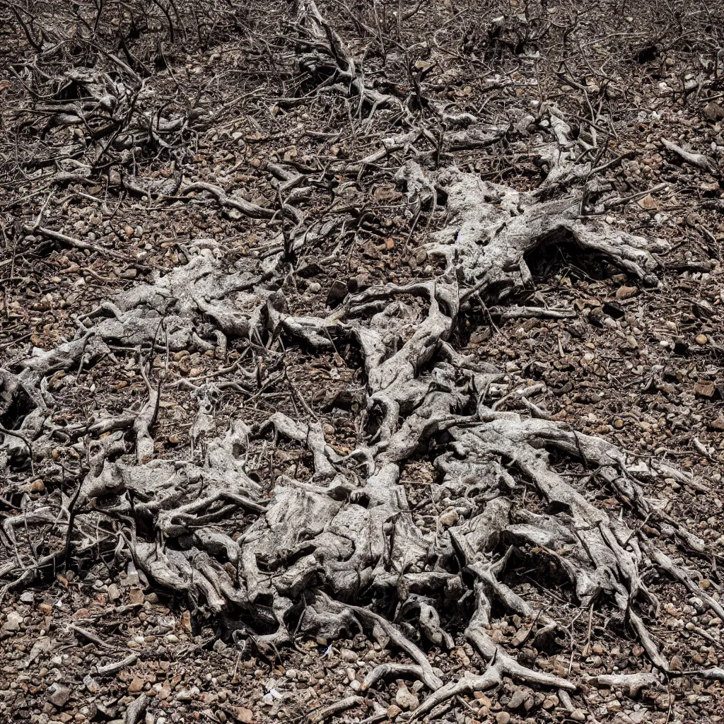 Image similar to a dry and dead tree in a forest of coal and eroded stones, dust, wind, dirt, advertising photography