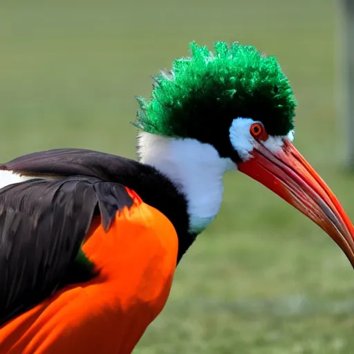 Prompt: a photo of an ibis playing american football, wearing orange and green colored jersey