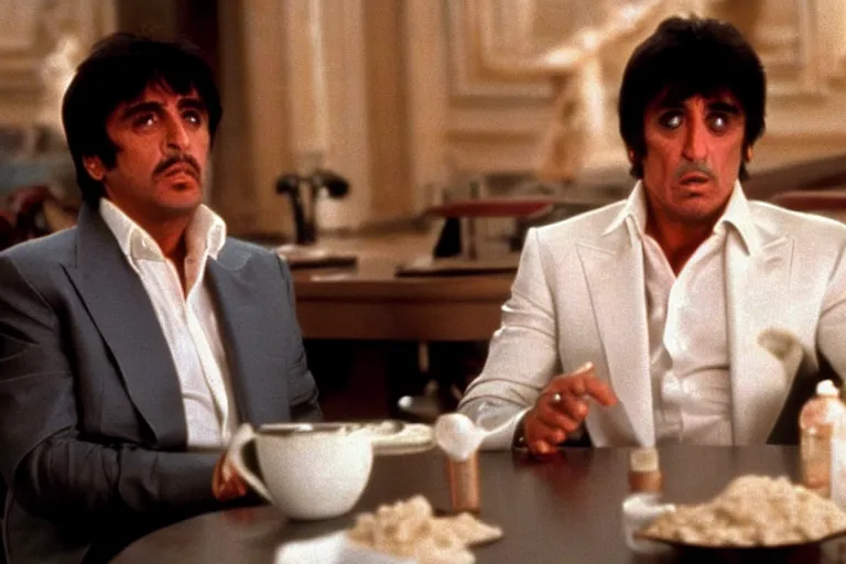 Prompt: tony montana from movie scarface 1 9 8 3 sitting behind a big black oak table with big large packages of flour. al pacino. perfect symmetric face, coherent eyes, ron cobb, fine details, 4 k. last scene from scarface movie, bokeh