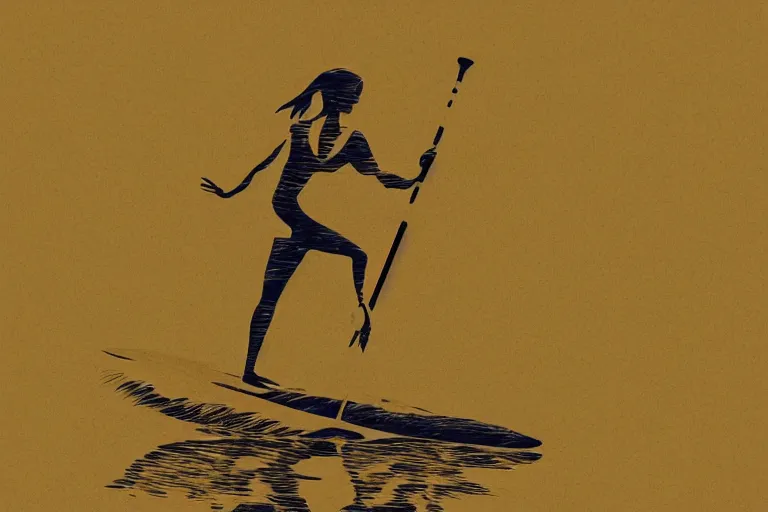 Image similar to beautiful serene person on a paddle board sup, healing through motion, life, minimalistic golden and ink airbrush painting on white background