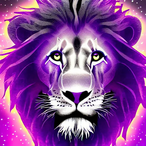 Prompt: an electric purple lion in space