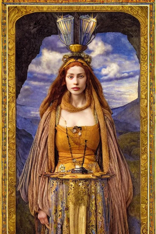 Image similar to portrait of the last queen of the dawn mountains with her lantern and regalia, by Annie Swynnerton and John Bauer and John William Godward and Donato Giancola and Vermeer, embroidered velvet, iridescent beetles, rich color, ornate headdress, flowing robes, lost runes, ancient civilizations, dramatic cinematic lighting, featured on Artstation, cgisociety, extremely detailed