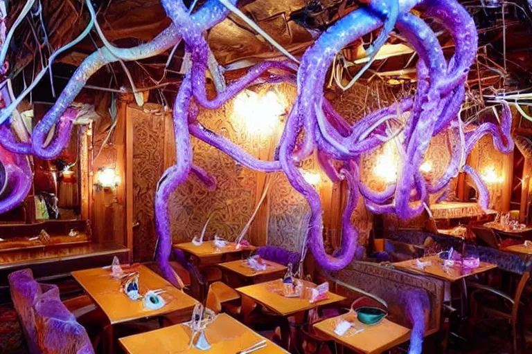 Prompt: magical restaurant serving tentacle-spaghetti to wizards