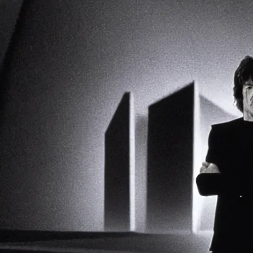 Prompt: mick jagger in front of a huge black monolith, from the movie 2 0 0 1 a space oddisey directed by stanley kubrick, detailed photo,