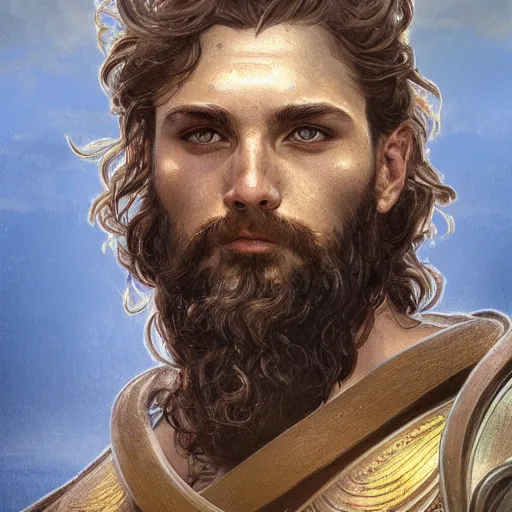 Image similar to ''face portrait of handsome poseidon from greek mythology, sea background, greece, fantasy, dungeons and dragons, d & d, digital painting, artstation, concept art, sharp focus, illustration, art by greg rutkowski and alphonse mucha''