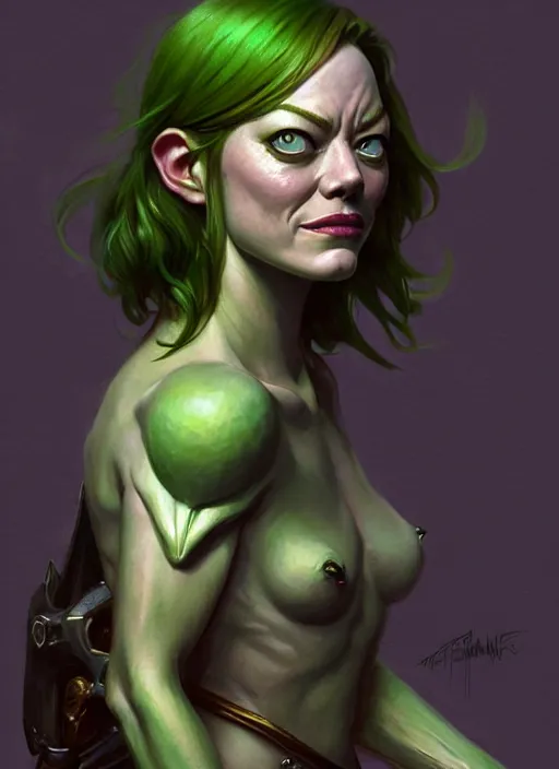 Prompt: portrait of emma stone as a goblin, d & d, muscular! green, fantasy, intricate, elegant, highly detailed, digital painting, artstation, concept art, smooth, sharp focus, illustration, art by artgerm and greg rutkowski and alphonse mucha