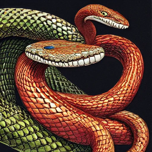 Image similar to cubic zirconia by john howe, by hal foster hideous. a beautiful photograph of a snake eating its own tail that seems to go on forever.