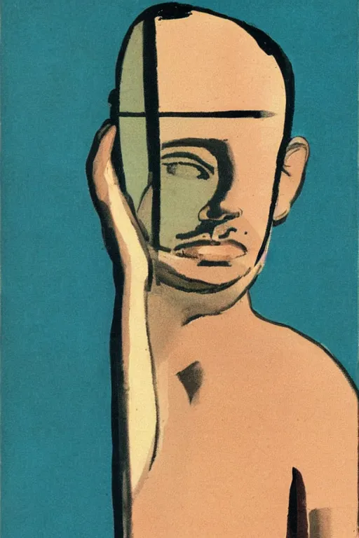 Image similar to man looking at his reflection in the mirror, 1960’s minimalist advertising illustration, painterly, expressive brush strokes