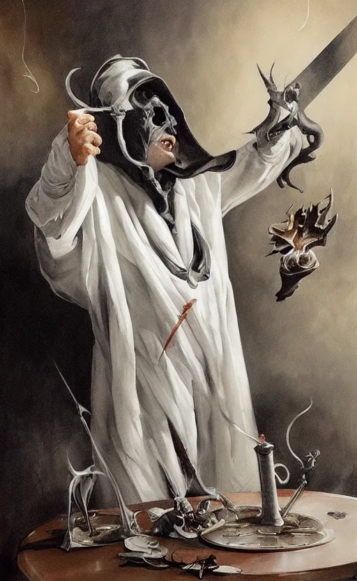 Prompt: a painting of a white robed magician behind a table, right hand points up holding a wand, left hand points down, cup, sword, pentacle, wand, a surrealist painting by marco mazzoni, peter mohrbacher, nychos, cgsociety, neo - figurative, detailed painting, rococo, oil on canvas, biomorphic, lovecraftian