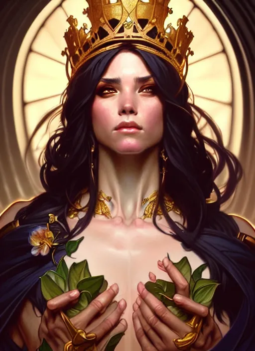 Image similar to ashley tervort as queen, incredibly detailed face, true anatomy, art by artgerm and greg rutkowski and alphonse mucha