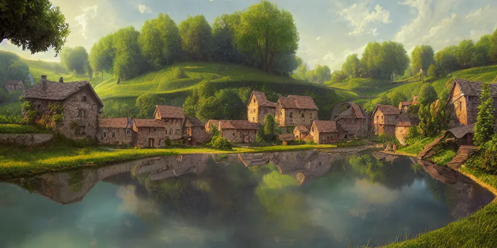 Image similar to super realistic photorealistic detailed village with a river, water, reflection, stone bridge, art by Gediminas Pranckevicius, Michelangelo