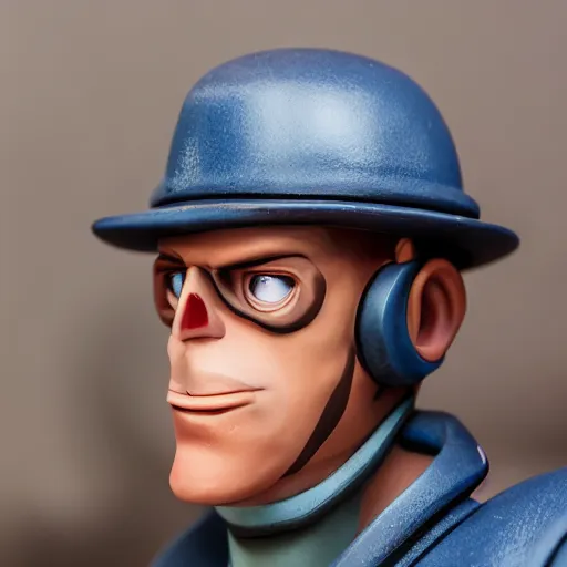 Prompt: close up of face of realistic tf 2 blue spy, 8 5 mm f / 1. 4