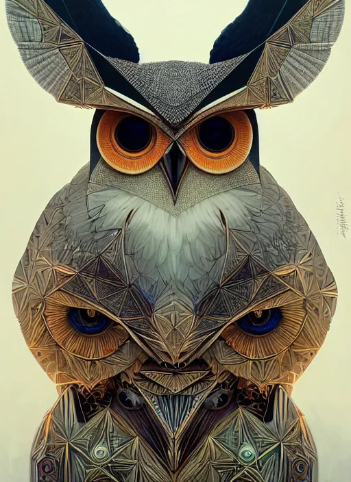 Image similar to portrait of a geometric owl, identical eyes, medium shot, illustration, full body made of white feathers, symmetrical, art stand, super detailed, cinematic lighting, and its detailed and intricate, gorgeous, by peter mohrbacher