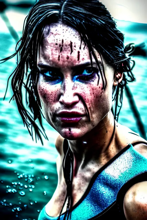 Image similar to cinestill 5 0 d candid action photographic portrait by quentin tarantino of lara croft wearing rugged black mesh techwear in treacherous waters, extreme closeup, modern cyberpunk retrofuturism moody emotional cinematic, pouring iridescent rain, 8 k, hd, high resolution, 3 5 mm, f / 3 2, motion blur, ultra realistic faces, ex machina 8 k