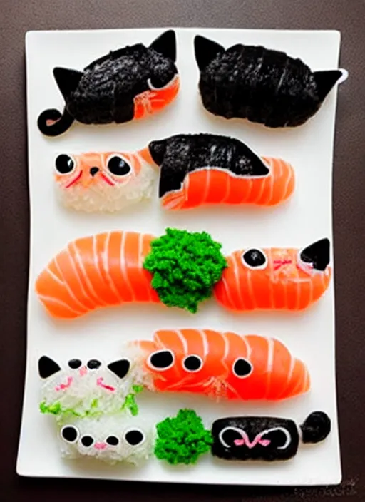 Image similar to clear photorealistic picture of adorable cats made out of sushi