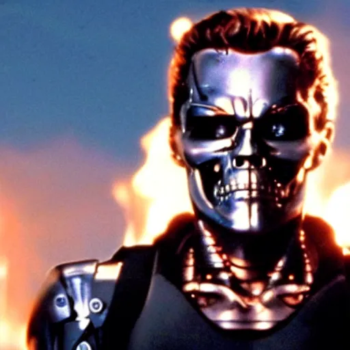 Prompt: Film still of leonardo dicaprio as The Terminator, half of face is cybernetic and exoskeleton exposed, photorealistic, burning city background