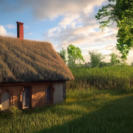 Prompt: beautiful nature, grass field, wooden cottage, daylight, hyperdetailed, sharp, artstation, 3 d render, ray tracing