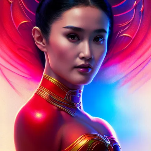 Image similar to heart evangelista as darna, volumetric lights, red and cyan theme, art nouveau botanicals, intricate, highly detailed, digital painting, artstation, concept art, smooth, sharp focus, cinematic, illustration, beautiful face, art by artgerm and greg rutkowski and alphonse mucha