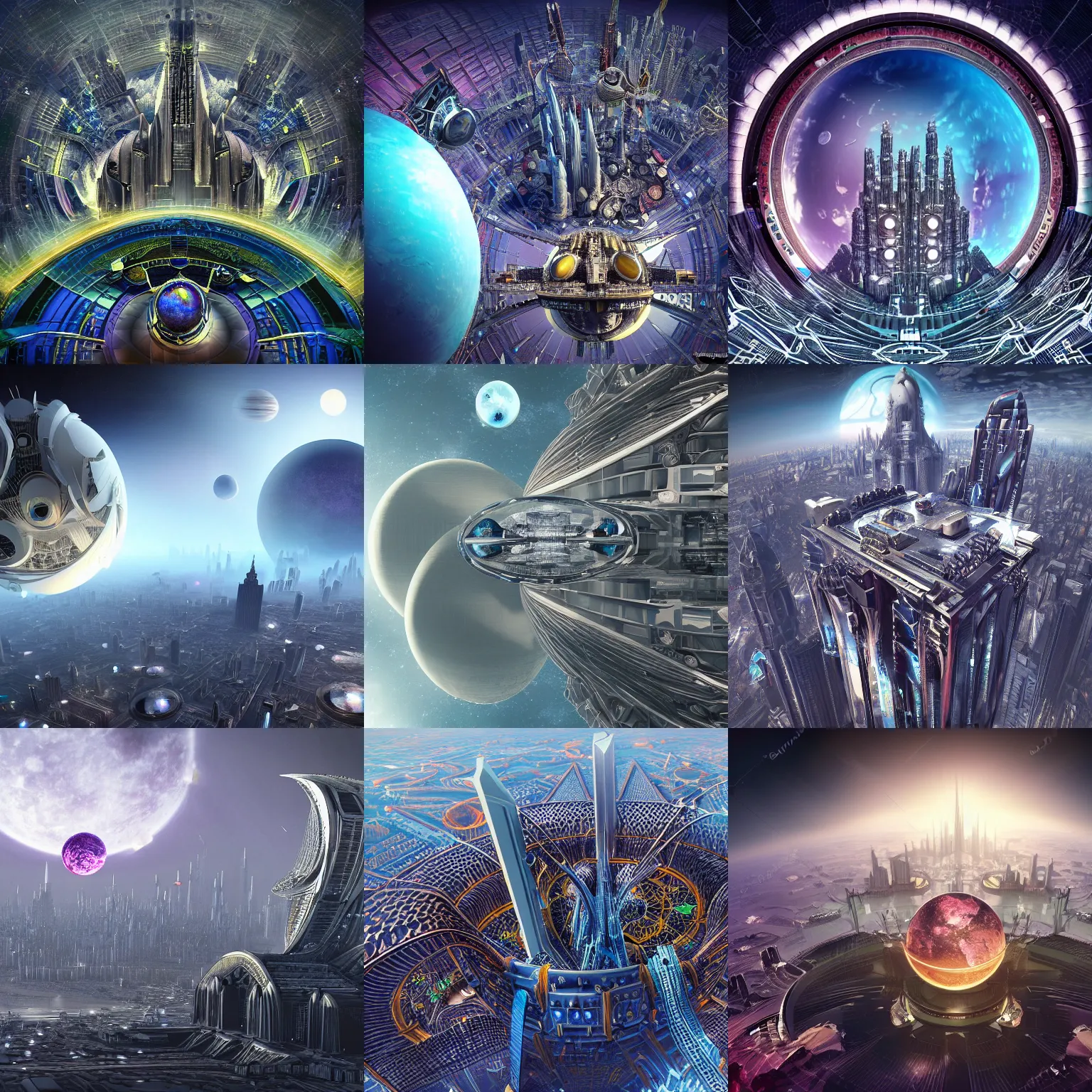 Prompt: orbital perspective of a utopian futuristic planet with a huge gargantuan building and city megastructure big enough to protrude from the planet atmosphere, epic, vast, gothic, space scene, technology, jewelled, ornate, beautiful, crystals, colorful, dark, rich, intricate detail, realistic, epic, gargantuan