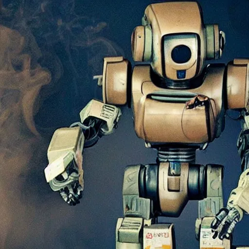 Image similar to chappie the robot, smoking a marijuana - blunt - joint, tons of smoke, coughing