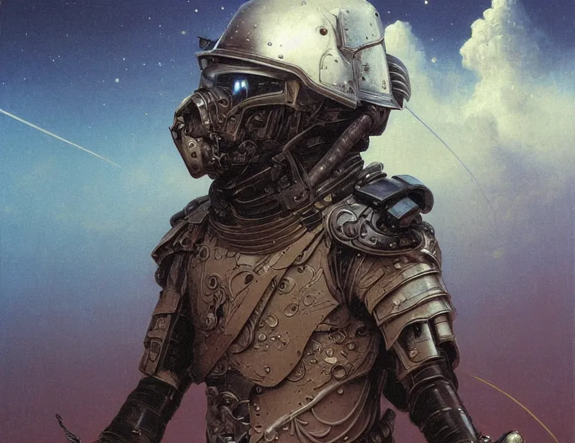 Image similar to a detailed portrait painting of a bounty hunter in combat armour and visor. cinematic sci-fi poster. Flight suit, accurate anatomy. Samurai, fencing. portrait symmetrical and science fiction theme with lightning, aurora lighting. clouds and stars. Futurism by beksinski carl spitzweg moebius and tuomas korpi. baroque elements. baroque element. intricate artwork by caravaggio. Oil painting. Trending on artstation. 8k