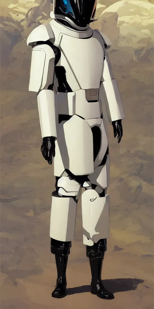 Image similar to a man with a futuristic white space armor walking out of a black spaceship, in the style of studio ghibli, j. c. leyendecker, greg rutkowski, artem