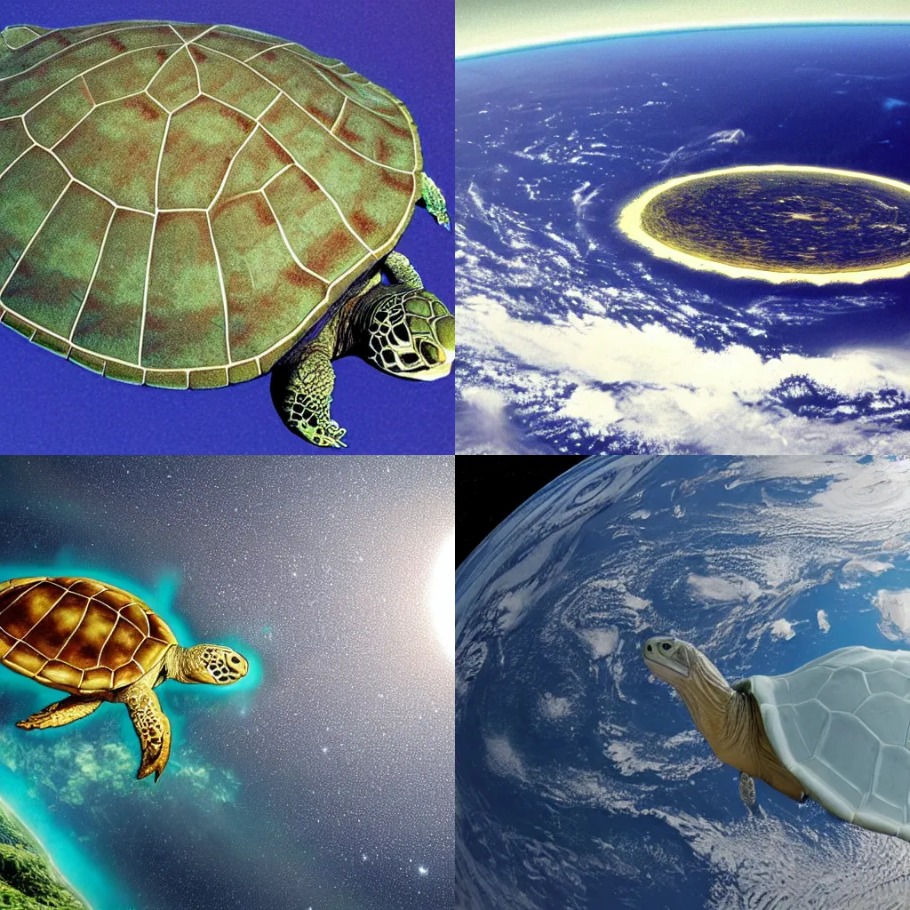 Prompt: photo of flat Earth on a giant turtle, taken from space,