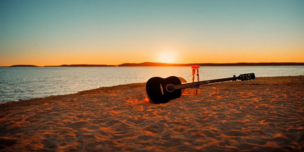 Image similar to kodak portra 400 photo of an acoustic guitar on the beach at sunset with a fire