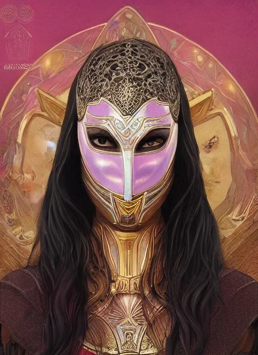 Prompt: “ gal gadot as adorable woman wear beautiful intricate mask, pastel color, iridescent, highly detailed, tarot card featured on artstation, cgsociety, artgerm, clear symmetrical face, by moebius, kelly mckernan, skeeva and tom bagshaw, 8 k, intricate details, fantasy, character design, concept art ”