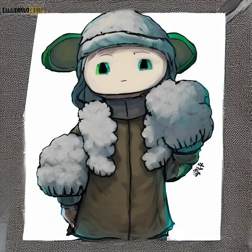 Prompt: little boy wearing sheep suit. white, gray, blue, green and brown pallet color. made in abyss art style, inspired in chris from deltarrune, artgerm, pixar movie