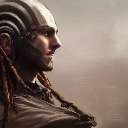 Image similar to Portrait of a man by Greg Rutkowski, a young, strong and hard-eyed futuristic warrior with brown hair with dreadlocks, wearing a futuristic space tactical gear that looks like a mix between the samurai, viking and templar aesthetics, mix between tribal and hi-tech, highly detailed portrait, scifi, space opera, digital painting, artstation, concept art, smooth, sharp foccus ilustration, Artstation HQ