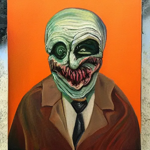 Image similar to a painting of an old man wearing a scary fleshy mask